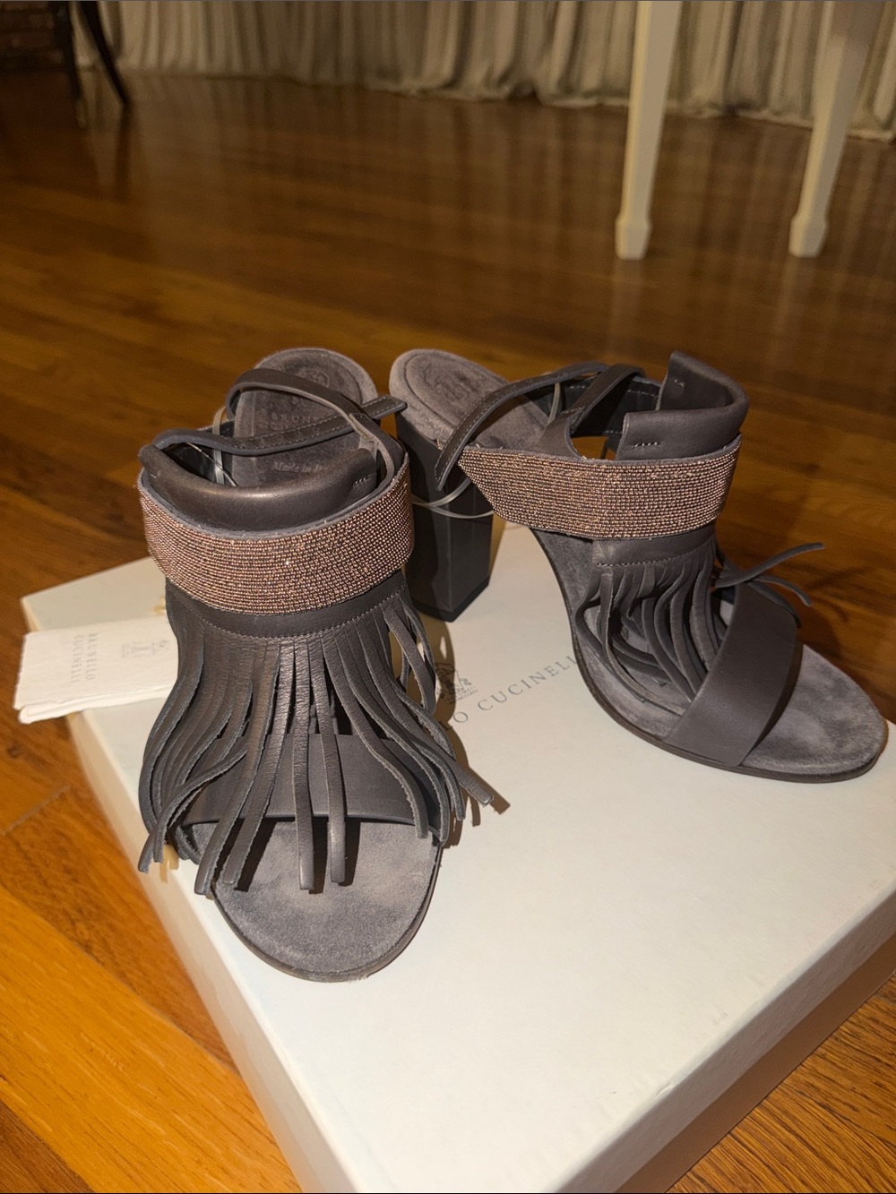 Brunello Cucinelli Gray Fringe Block Heel Sandals